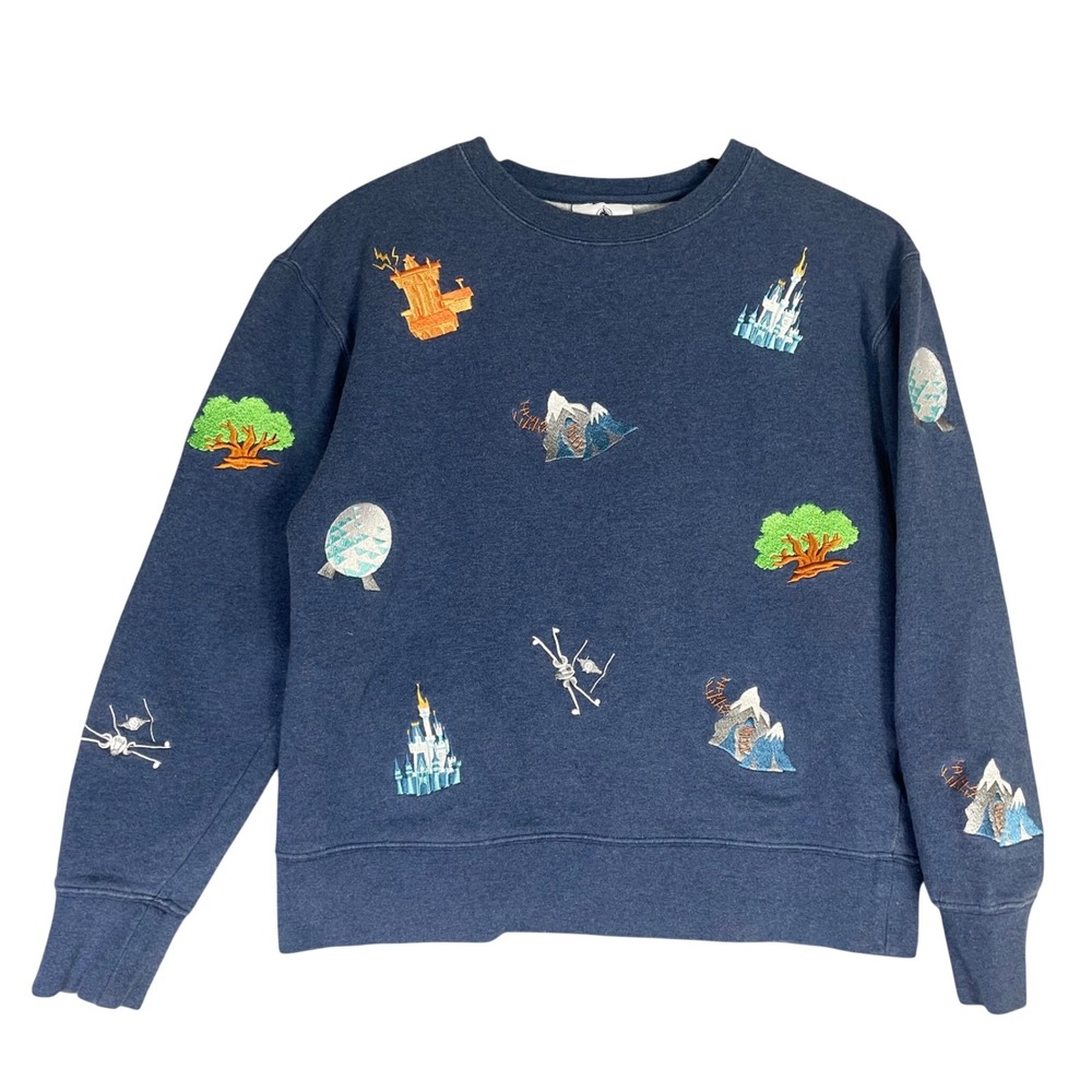 Disney Parks Embroidered Park Icons Sweatshirt Small Blue Walt Disney World